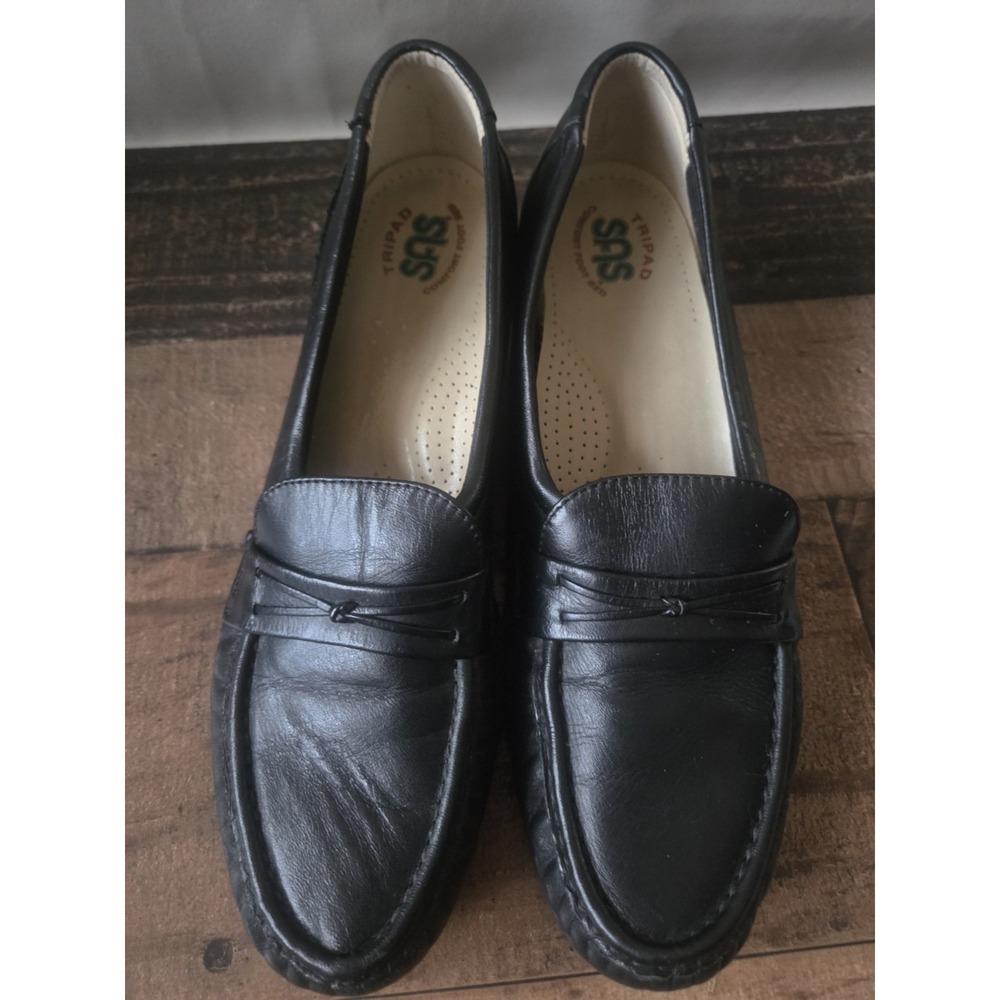 SAS Shoes Womens Sz 10 Wedge Slip On Loafers Black Leather Tripad Comfort